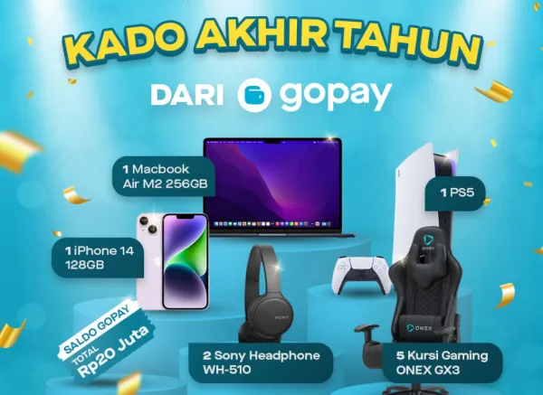 Kado Akhir Tahun Dari GoPay Berhadiah 1 Macbook Air, 1 iPhone 14, 1 PS5, 5 Kursi Gaming ONEX GX3, 2 Sony Headphone WH-510 dan Saldo GoPay Total Rp20 JUTA