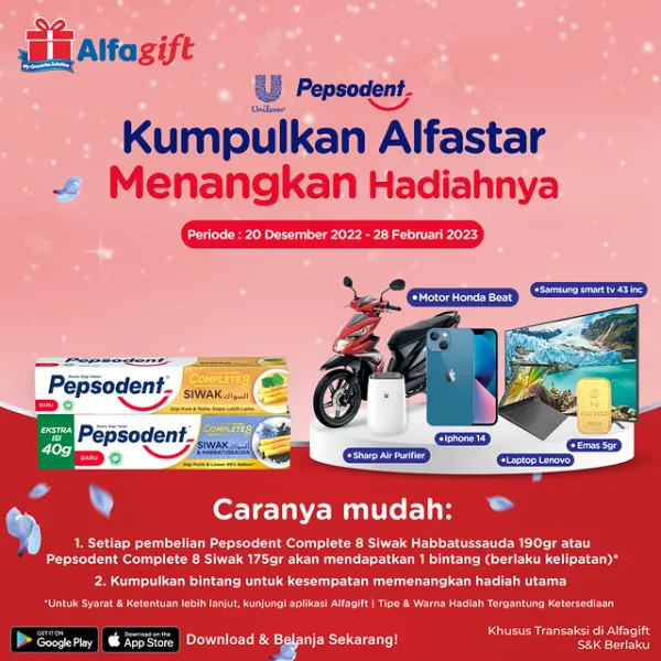 Undian Star Pepsodent Complete 8 Siwak Habatussauda Berhadiah Motor Honda Beat, Samsung Smart TV, Sharp Air Purifier, iPhone 14, Laptop Lenovo dan Emas 5gr